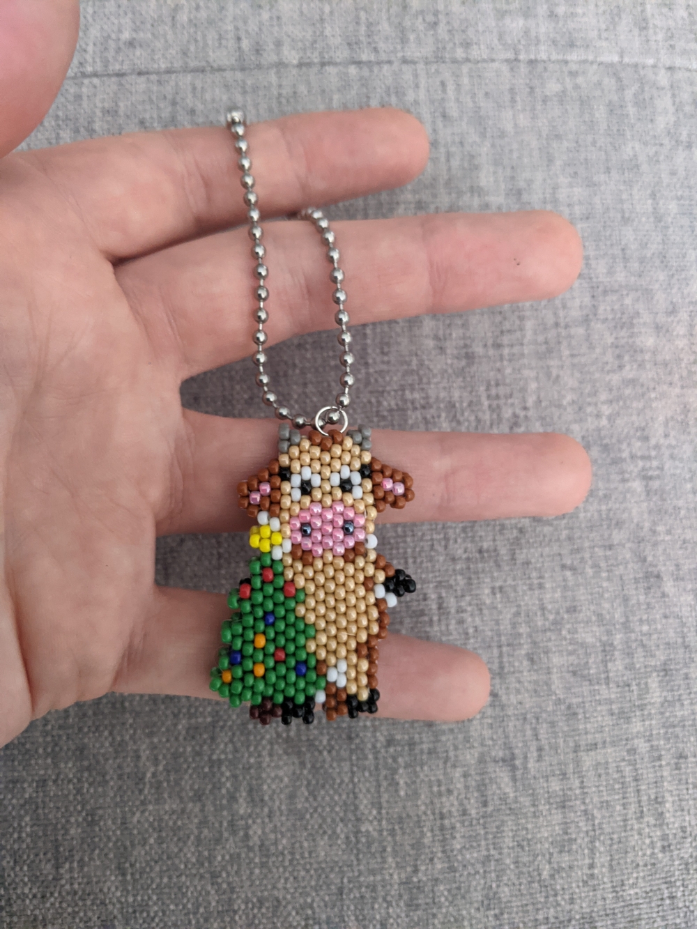 Beaded Brown Cow Keychain with Green Accent